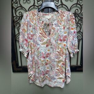 Melloday tie vneck 3/4 ruffle sleeve paisley print top